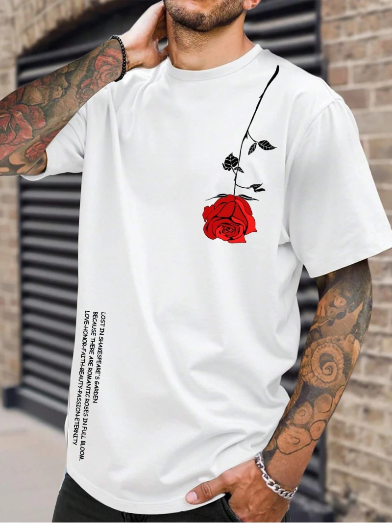 Simple Casual Men's Round Neck Top Simple Letters Rose Print Pattern Round Neck Short Sleeve T-shirt Men's Tops Clothing