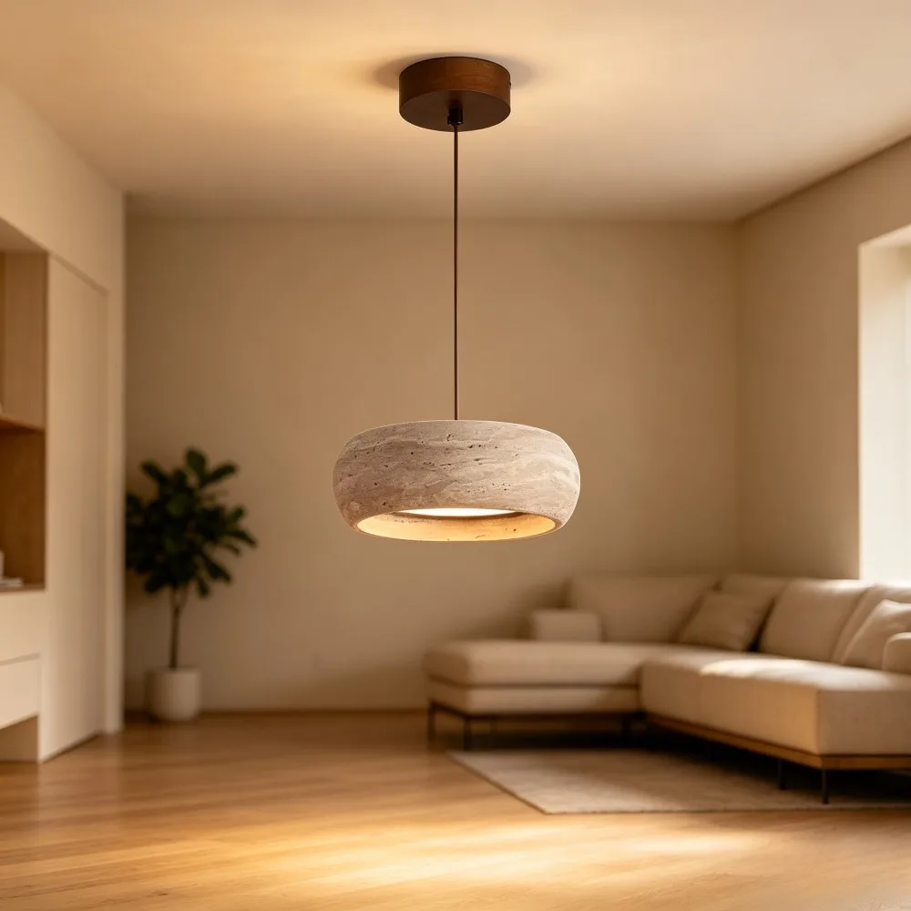Wabi Sabi Natural Stone Pendant Lamps Travertine Stone Round LED Bedside Hanging Light for Home Dining Room Kitche Island Decora