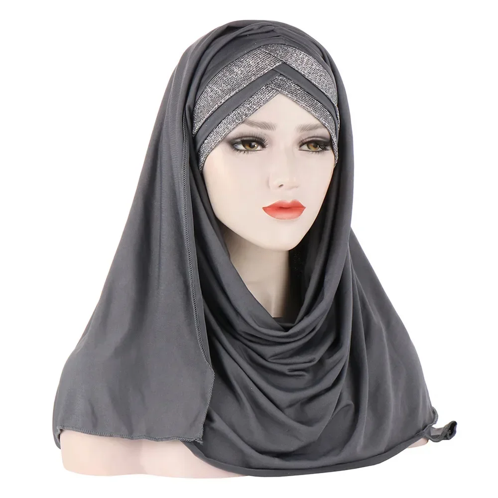 Glitter One Piece Amira Muslim Women Long Scarf Pull On Ready Wear Instant Cap Headwear Wrap Hijab Turban Arab Femme Chemo Shawl