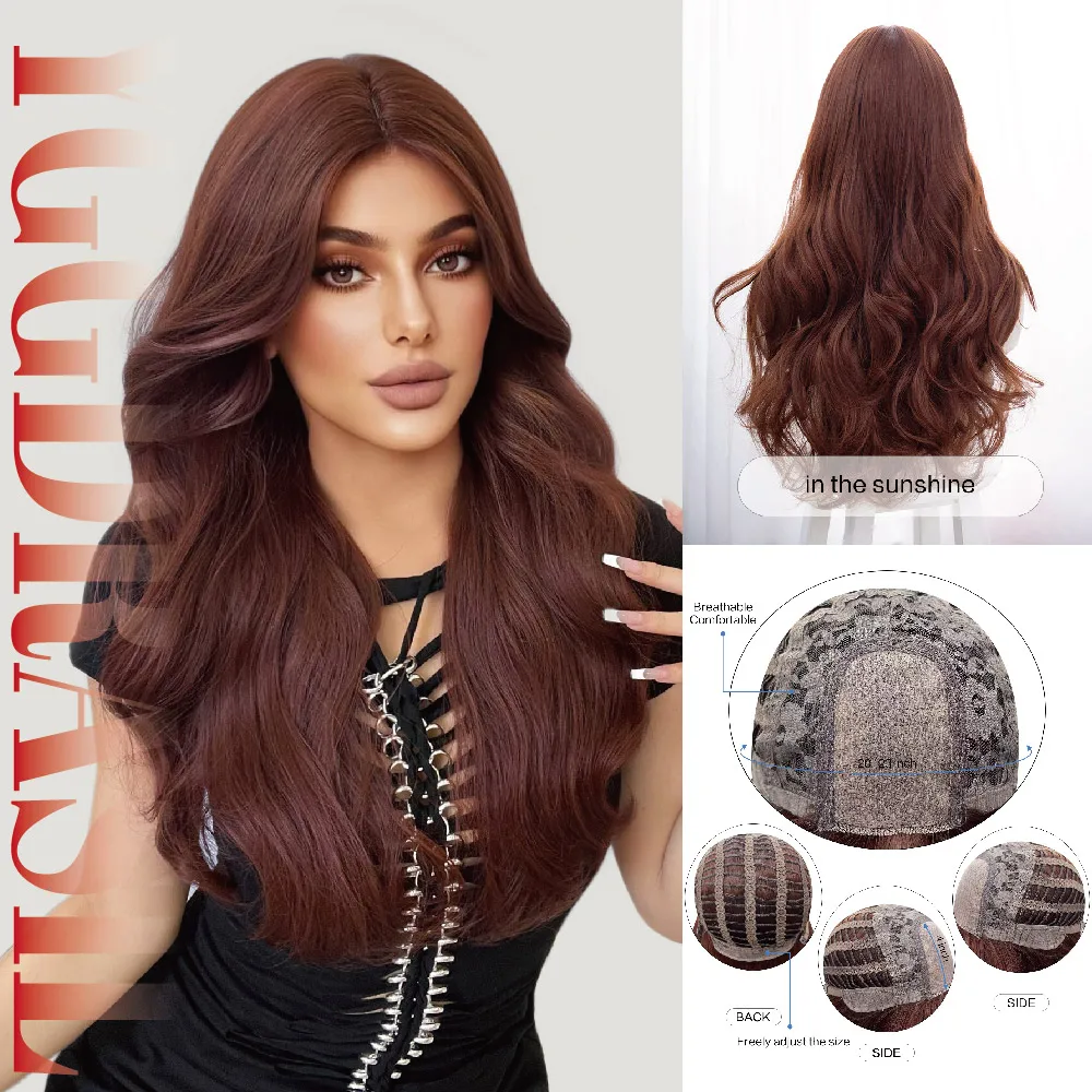

28-дюймовый современный стиль, темно-рыжий цвет, синтетические кружевные парики, средняя часть, длинные волнистые волосы спереди, для женщин, для повседневного использования, термостойкие