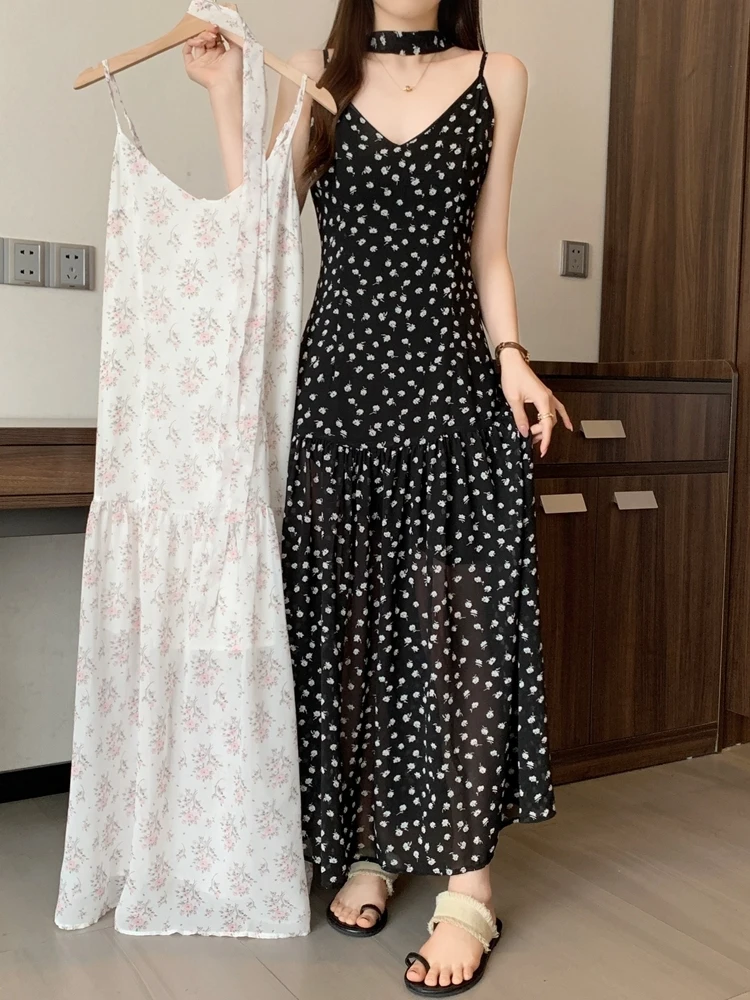 

plus Size Women's Sweet Floral V-Ne Strap Dr A-Line Midi Skirt Summer New Sle Waist Cinch Agel Korean Sle Dr