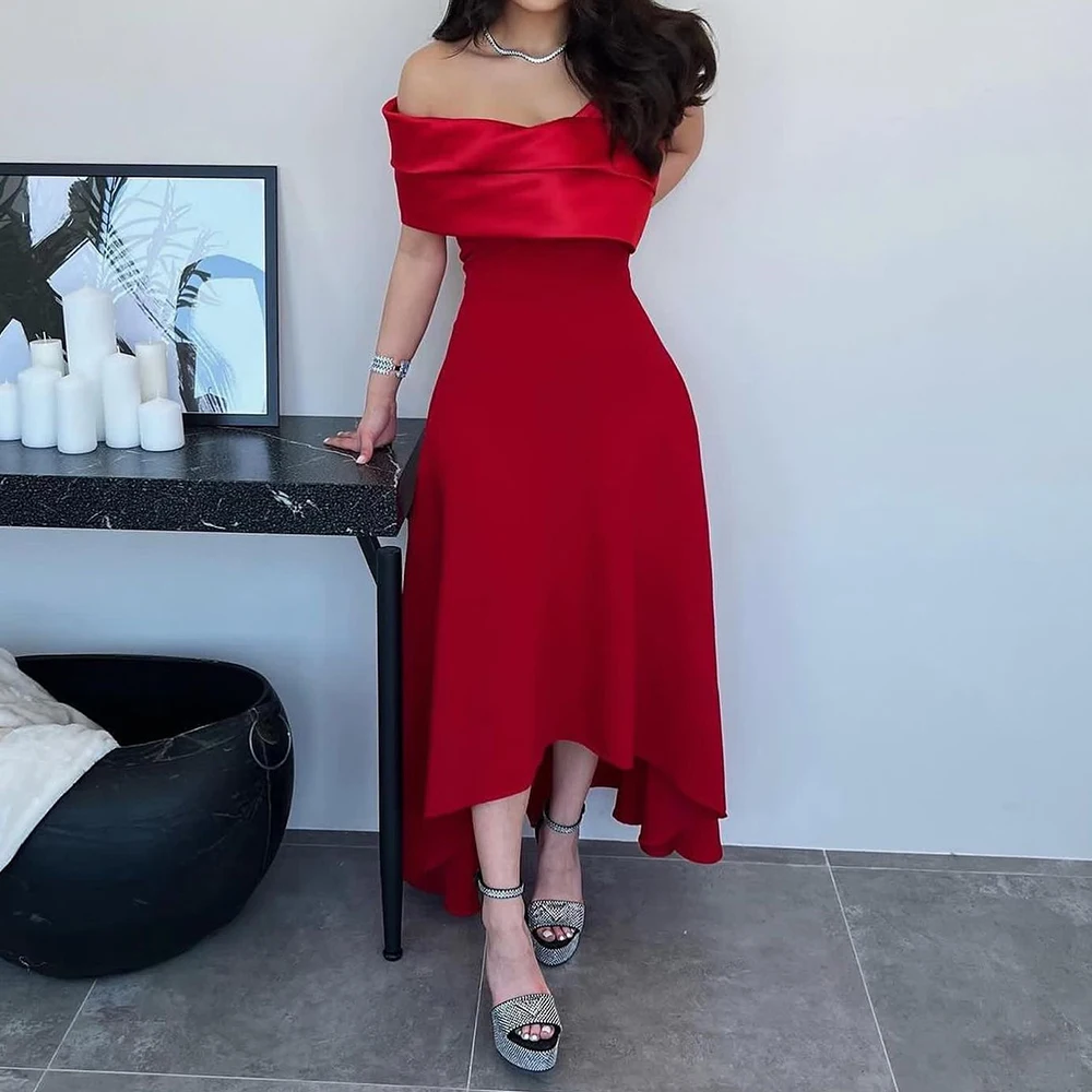 Classic High-Low Off the Shoulder Red Jersey Evening Dress Tea Length Sleeveless Simple Pleat Bespoke Occasion Gown Saudi Arabia