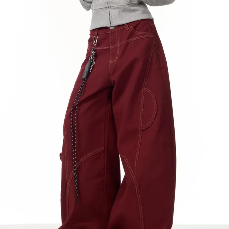 Denim Trousers Jeans Women Y2K Red Black High Waist Wide Leg Cargo Jeans Loose Baggy Denim Trousers Streetwear Bottoms Pants New
