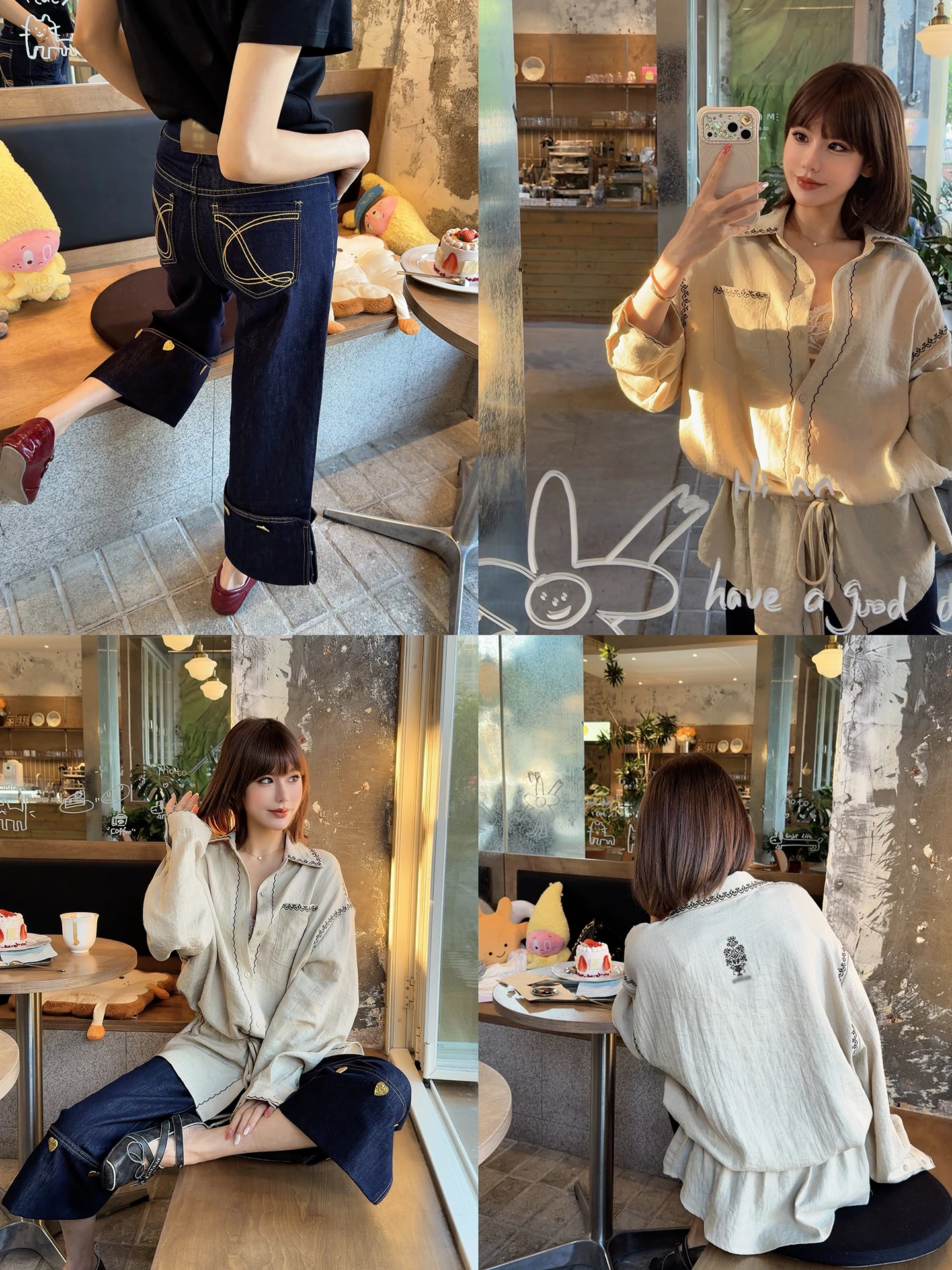 

ASBR Original Women's Shirt Waist Drawstring Denim Shorts Eighteen Jeans Spring Fashion Set Long Sleeve Button up Pure Color