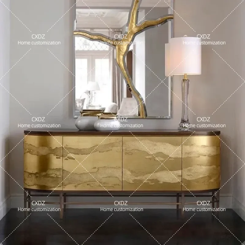 Light Luxury Wooden Dining Side Cabinet Gold Paint Locker Champagne Gold TV Cabinet Retro Entrance Storage Console Table