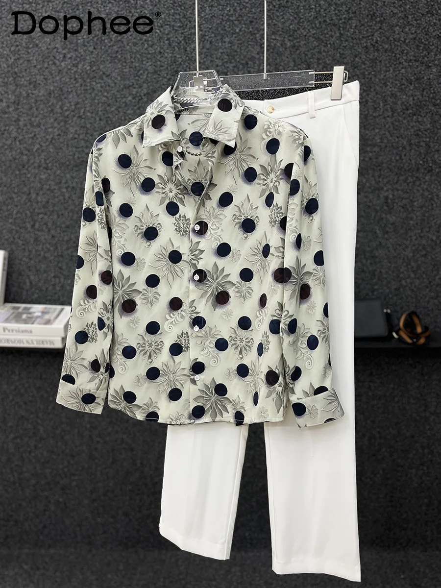 

2024 Autumn High-end Trendy Polka Dot Long-sleeve Shirts Men's Casual Handsome Polka Dot Printed Shirt Fashion Breathable Tops