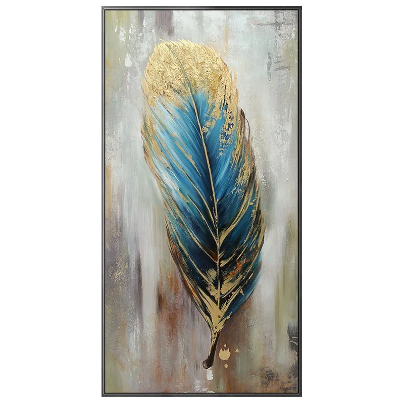 Hand Painted Abstract Oil Painting, Nordic Modern Gold Foil Leaf & Feather Wall Art, Hanging Decor for Entryway