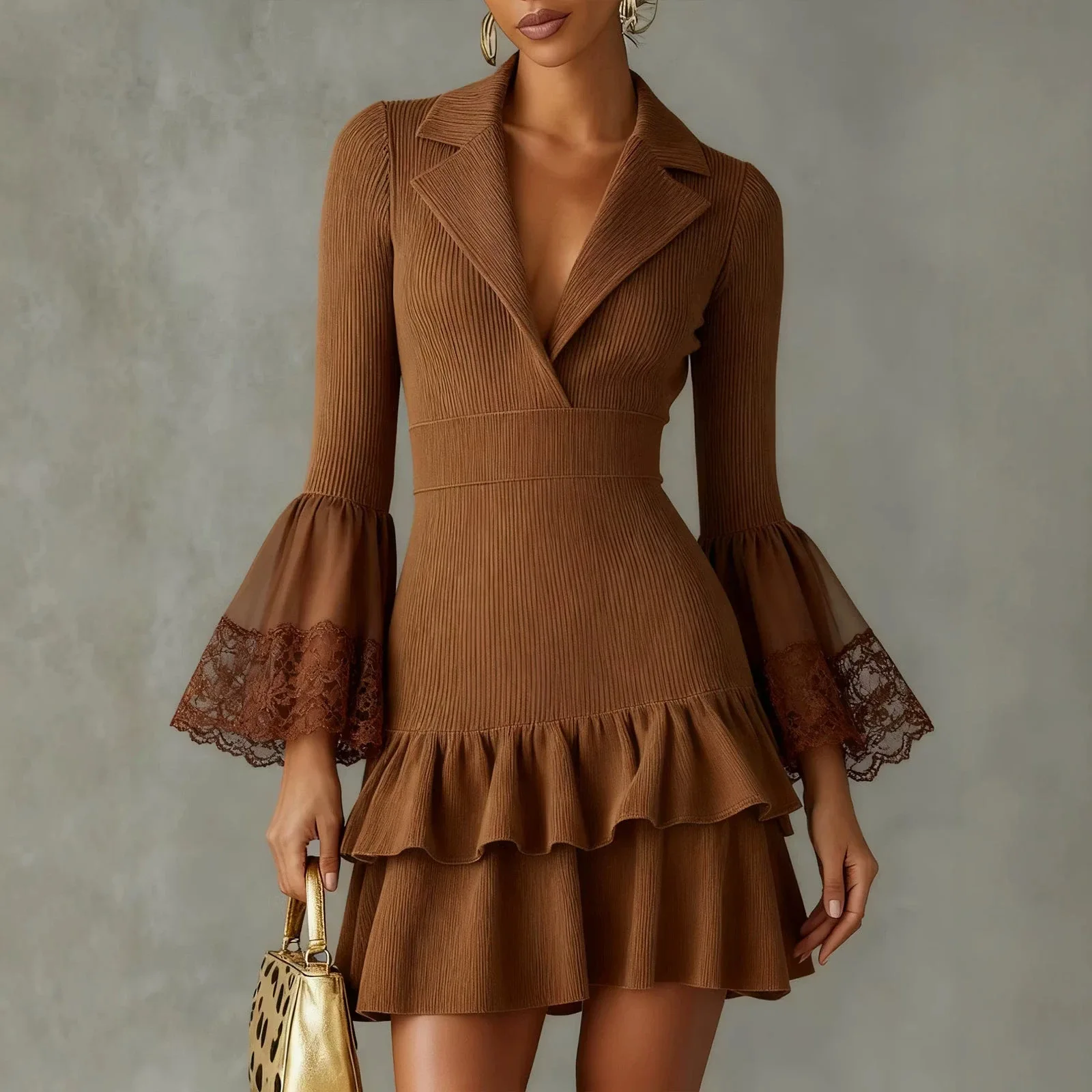 Women Lapel Knit Mini Dress Long Flare Lace Mesh Sleeve Ruffle Layered Hem V Neck Bodycon Short Party Dresses Evening Club
