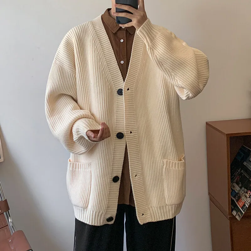 Giacca maglione di lana con scollo a V cardigan stile coreano, maglione di lana sciolto casual monopetto a maniche lunghe alla moda