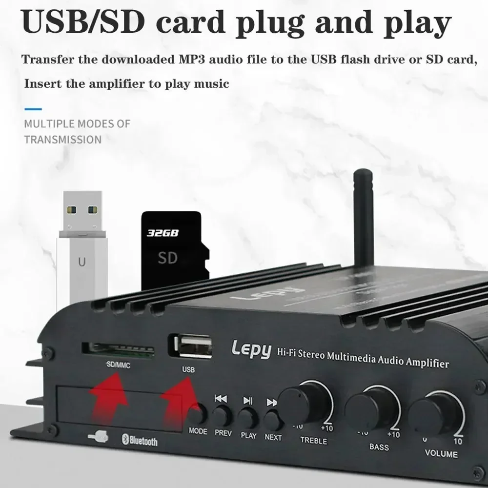 For LEPY LP-269S Bluetooth Amplifier 4-Channel HiFi Stereo USB SD DVD CD FM MP3 Sound Amp for Car Home Computer Lossless Music