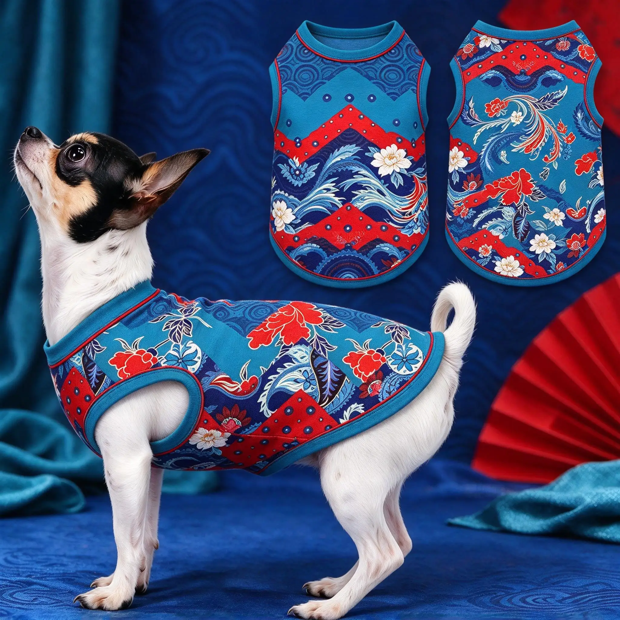 Vintage Ethnic Faux Embroidery Floral Patchwork Print Pet Sleeveless Vest Bohemian Stylish Dog Shirt for Puppy Kitty
