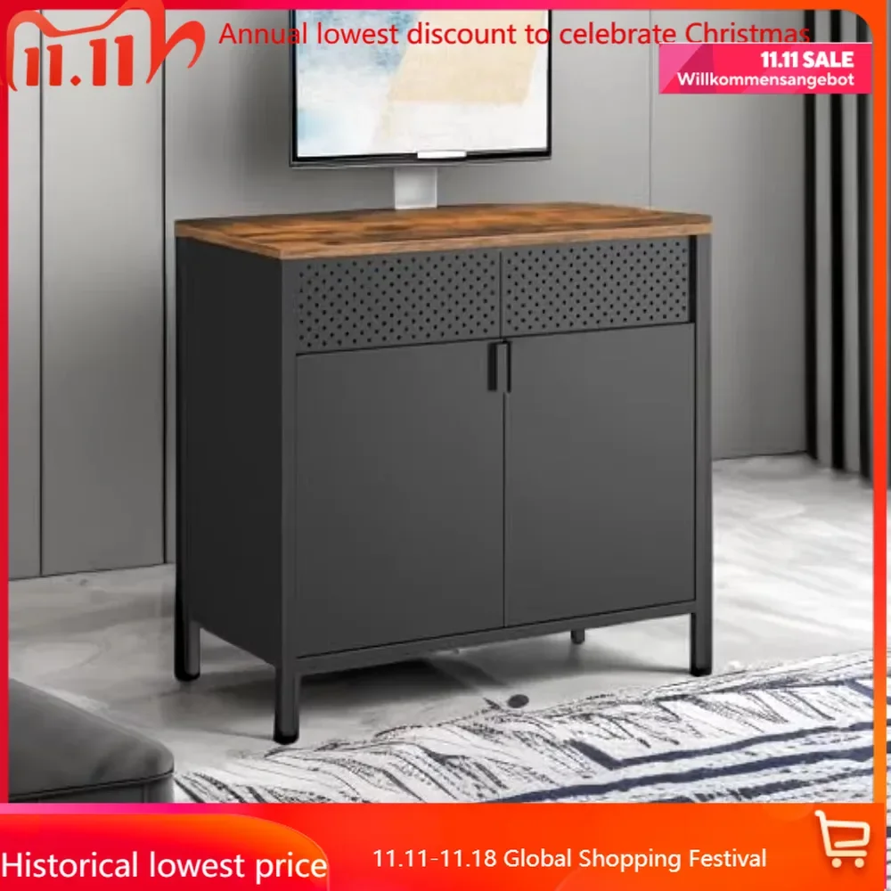 

Storage Sideboard, Buffet Table with Adjustable Shelves, Floor Storage Cupboard, Steel Frame, Rustic Brown and Black UL