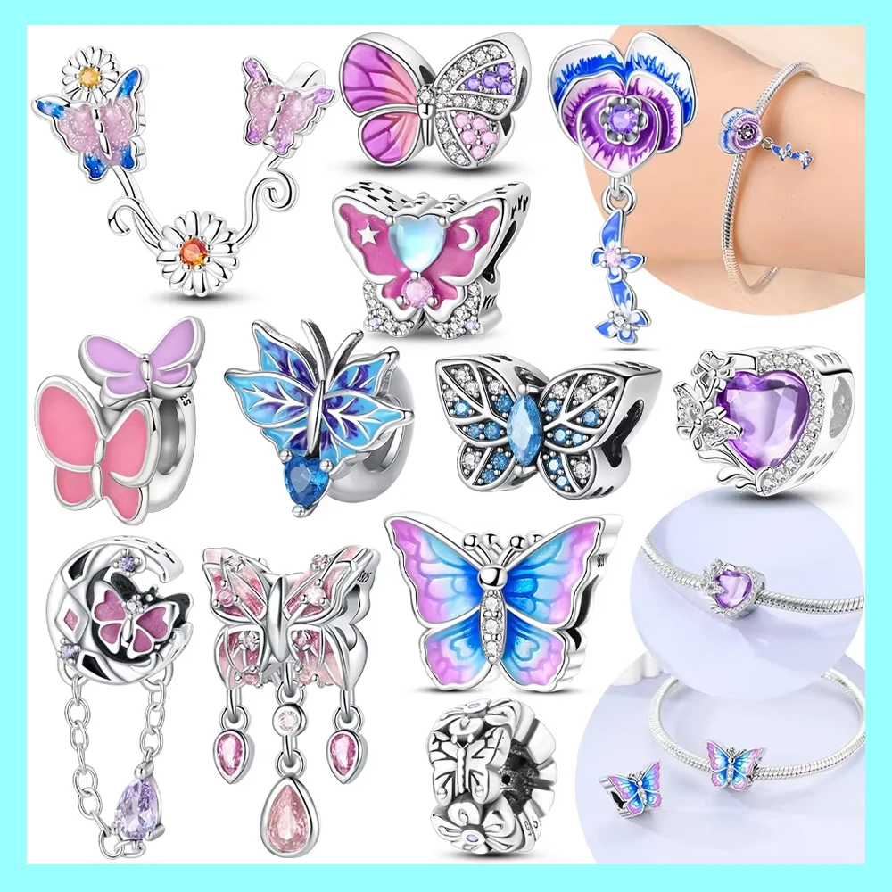 

Cute Pink Bow Purple Zircon Flowers Original 925 Silver Beads Fit Bracelet Charms 925 Silver Women Gift Diy Jewelry Accessory
