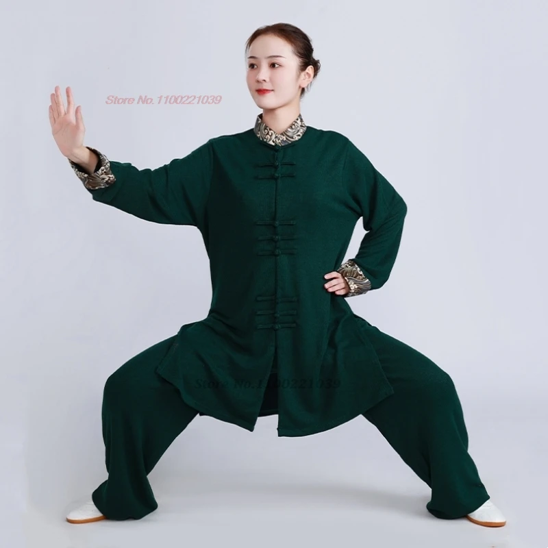 

2024 chinese vintage kung fu tai chi clothing martial arts set thicken knitted taijiquan practice wushu outdoor sport clothing