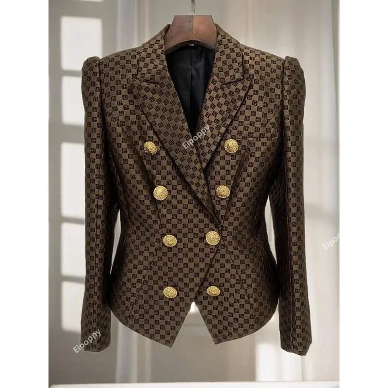 

2024 New Brown Jacket Black Women Double Breasted Slim Fit Monogram Jacquard Office Business Wear Blazer Outfit High Quality