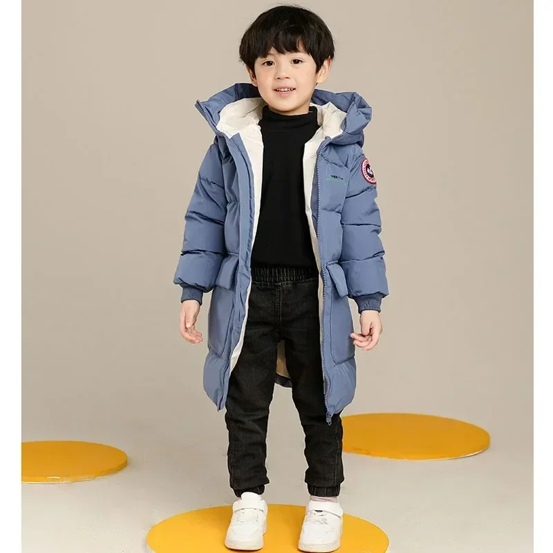 New Winter Boys Jacket Solid Color Mid-Length Keep Warm Cold Protection Hooded Down Cotton Windbreaker Coats For