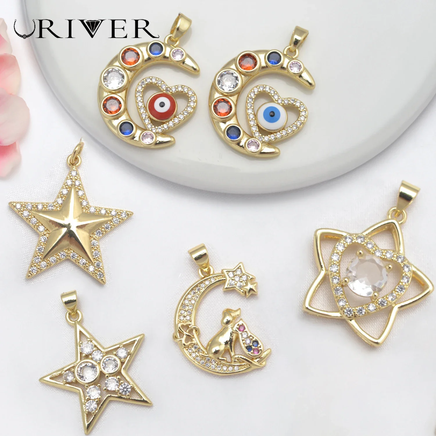 

LJRIVER 4 Pcs Pendat for Jewelry Diy Keychain Necklace Earrings Charms Moon Stars Sky Paved Zircon Brass Bracelet Accessories