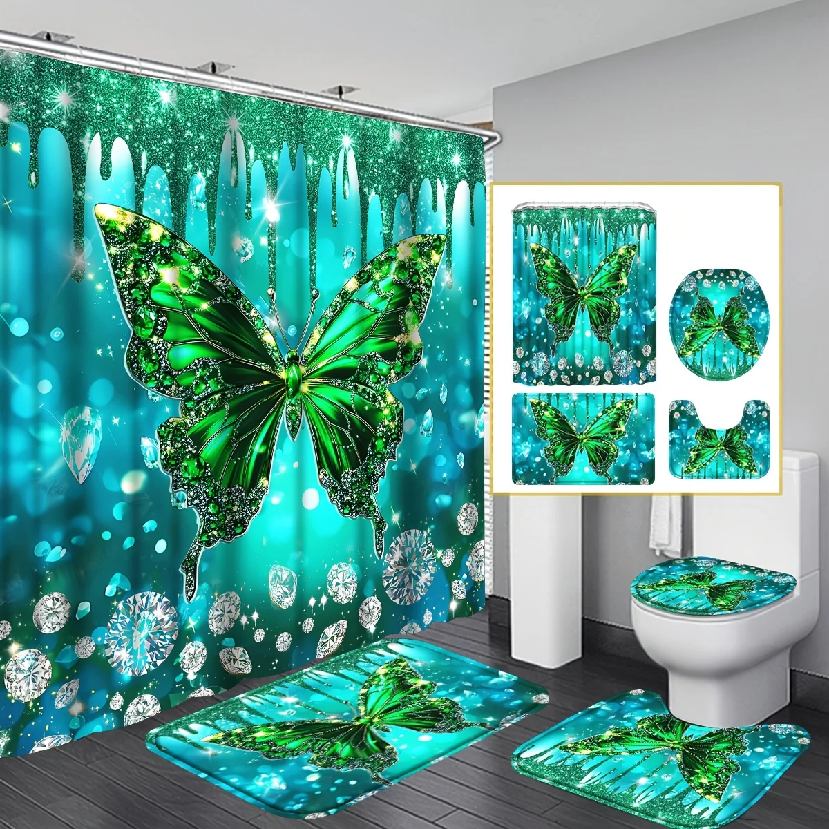 Elegant Green Butterfly Bathroom Four-Piece Set - Featuring a Stunning Design with Sparkling Butterflies and Crystals, Perfect