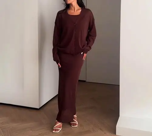 Autumn 2025 Solid Color Long Sleeved Button Up Jacket and Sleeveless Camisole Dress Set for Women's Elegant Slim Fit 2-Piece Set