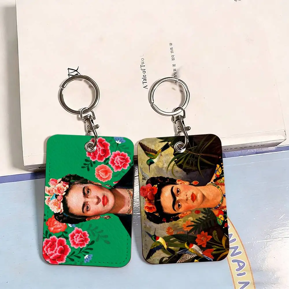F-Frida K-Kahlo 1Pc PU Leather Card Holder Keychain Key Ring Door Lock Access Tags ID Card Case Keychain Card