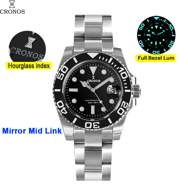 Cronos Sub DIVER สแตนเลส PT5000แปรงสร้อยข้อมือเซรามิกฝา200เมตร L6018กันน้ำ
