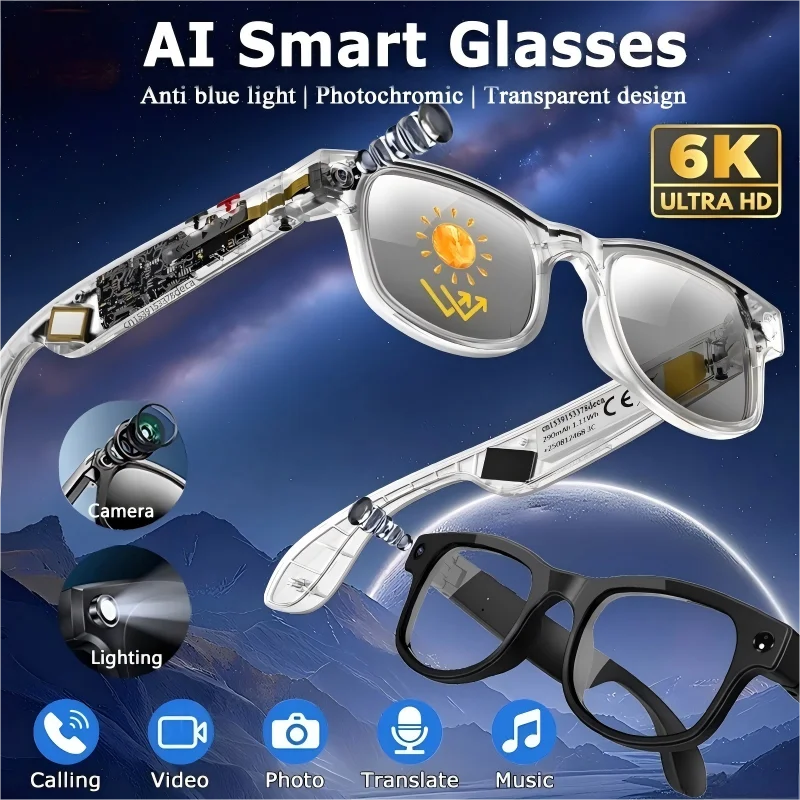 

Hiwego 6K AI умные очки для камеры Bluetooth многофункциональный голосовой помощник для звонков музыкальный плеер перевод фотохромные очки