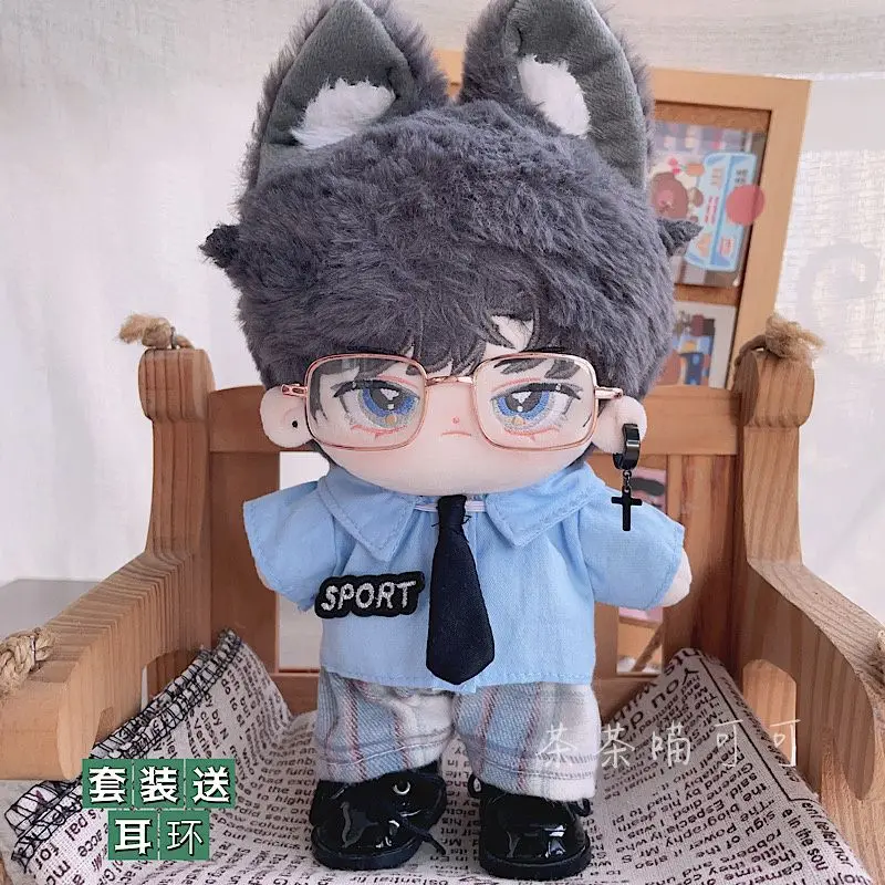 20cm No Attribute Fashion Blue Hairband Blue Shirts Pants Cool Handsome Uniform Clothes Plush Doll Costume Outfit Accessories