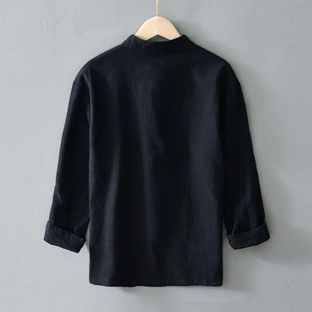 Button-up Long-sleeved Shirt Men Jacket Chinese Style Men's Stand Collar Cardigan Shirt with Knot Button Detail for Mid