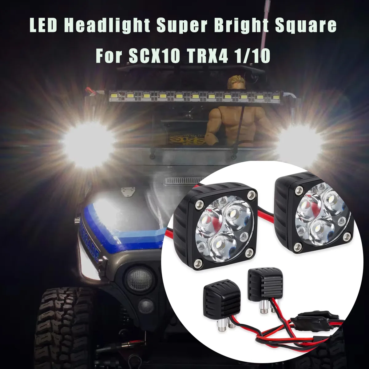 Square LED Headlights Super Bright for 1/10 1/8 Crawler – Fits SCX10 TRX4 TRX6 Wraith DIY Parts