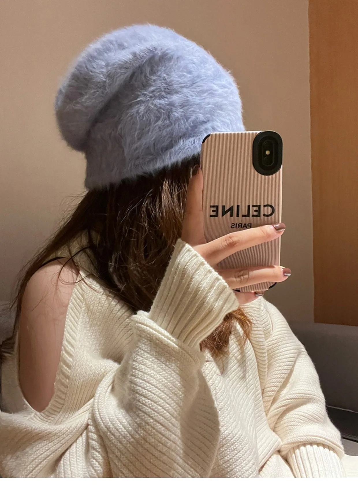 2023 Angora Flauschige Strickmütze Kaninchenfell Wintermütze für Damen Damen Mode Warmer Plüschschädel Damen Dicke Fleecemützen – Detail 10
