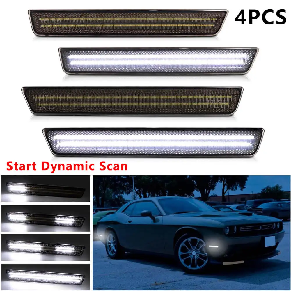 

4pcs Dynamic Scan DRL Side Marker Lamp Car Smoked Lens Front Rear Fender Lights White LED Lamps For Dodge Challenger 2015-2023
