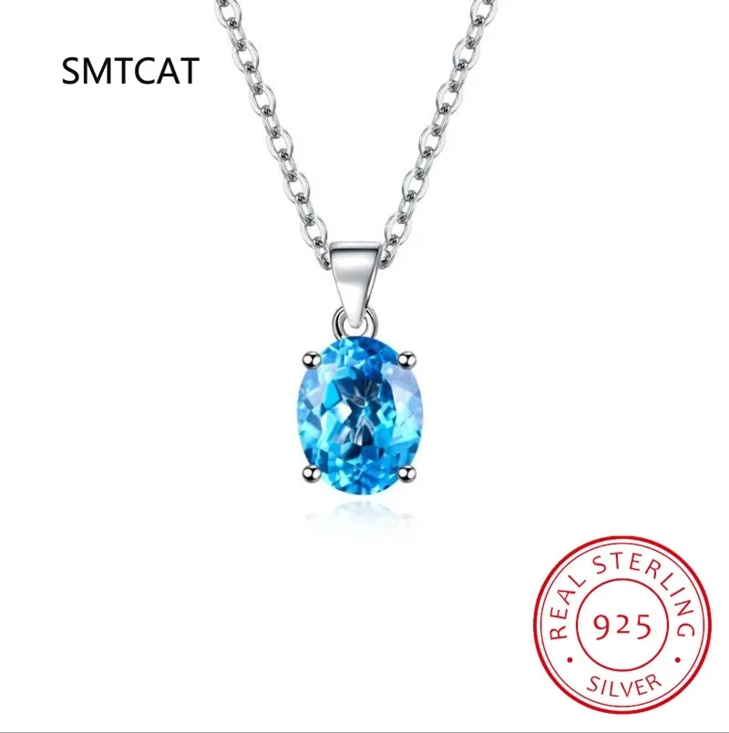 Genuine Natural Oval Blue Topaz Pendant Necklace 925 Sterling Silver Women Gemstone Statement Necklace 45CM Chain