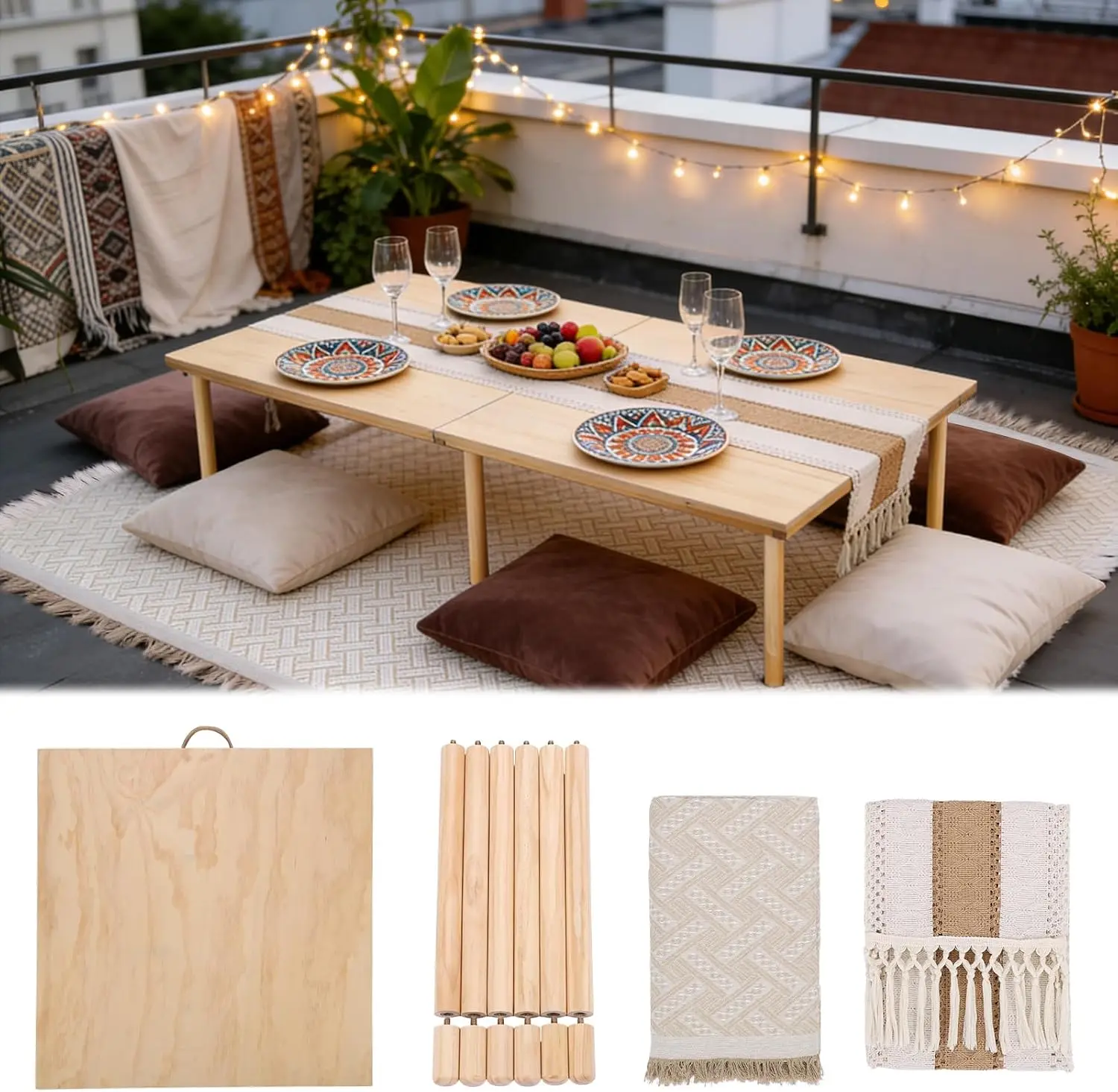 Folding Picnic Table with Boho Table Runner & Large Picnic Blanket, 60