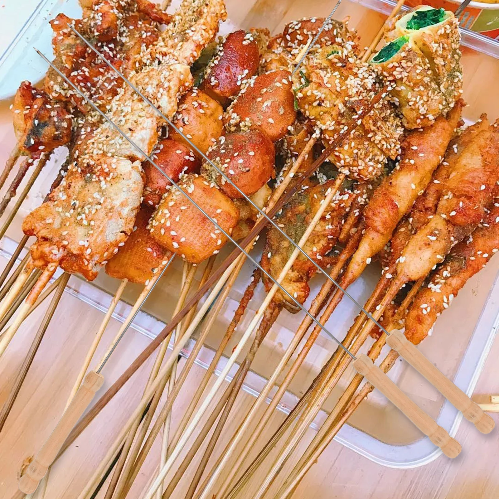 

12pcs BBQ Stainless Steel Skewers Durable Wood Handle Ideal for Outdoor Picnic Camping Tools Roast Vegetables Meat Fish Safe