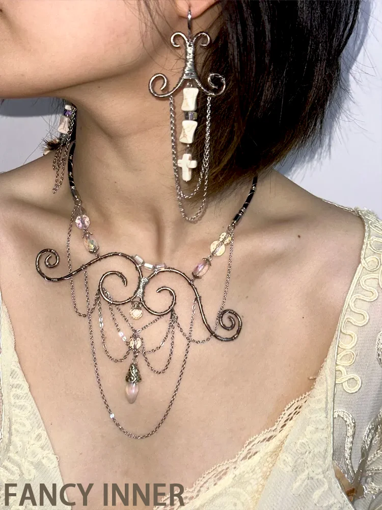 2026 New Necklace Mermaid Tears Metal Chain Tassel Shiny Stone Vintage Retro Dark Neck Accessaries for Women Girl Jewelry view 4
