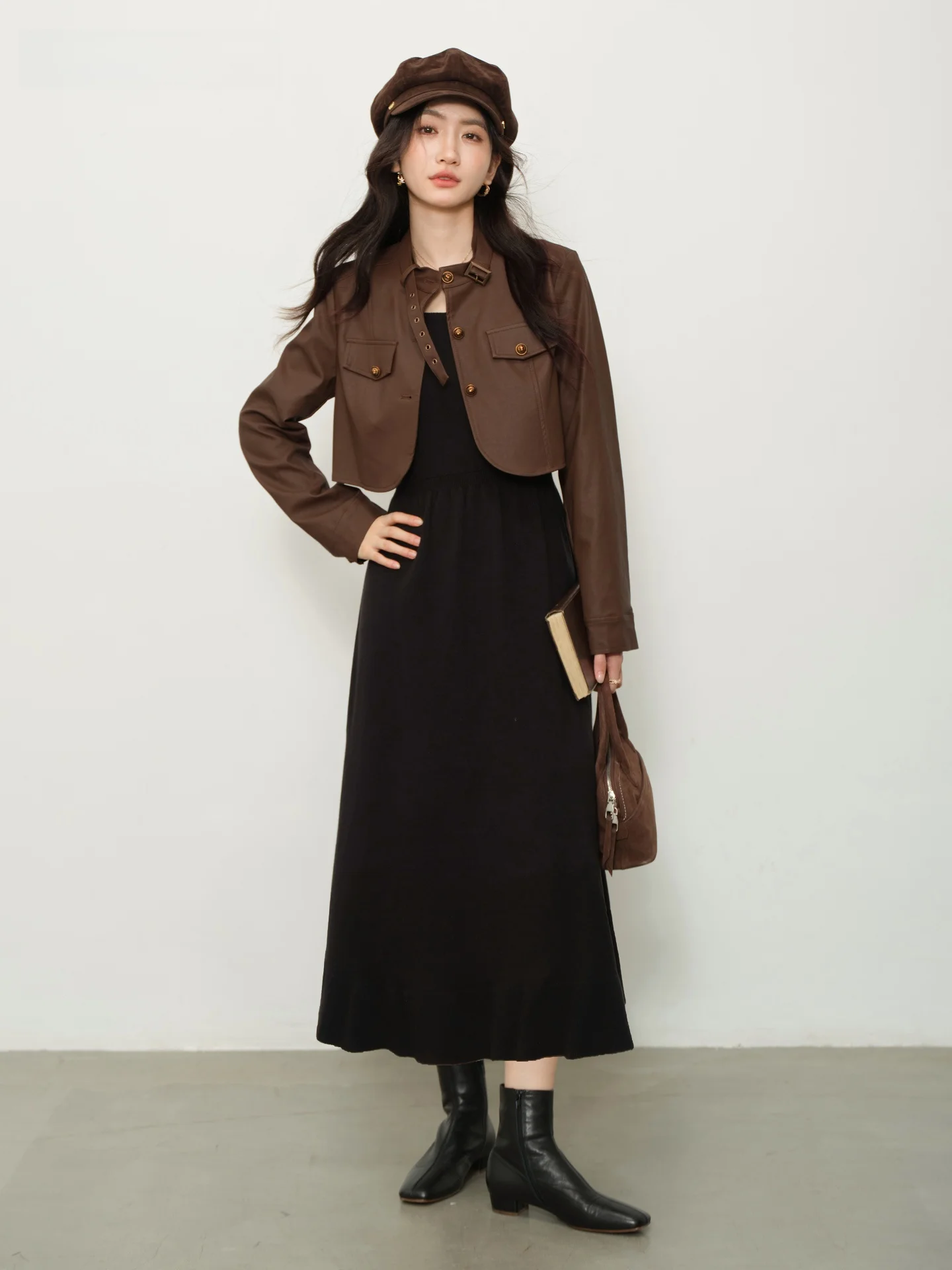 Ele marron ort col montant en cuir Jaet femmes Faion vêtements d'extérieur automne hiver nouveauté Vintage journal Sle