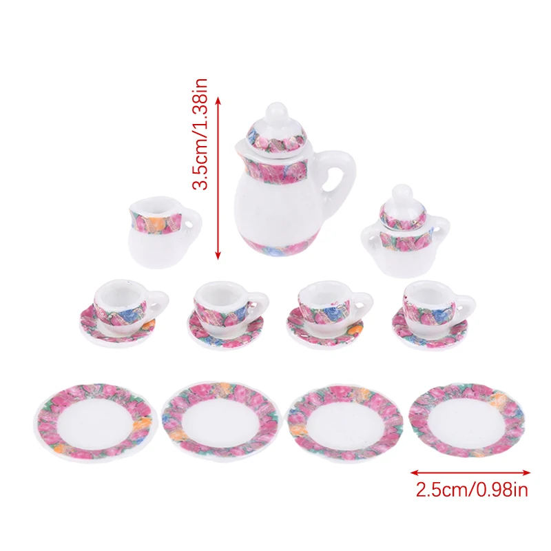 Girls Toys Tea Game Miniature Tea Set Dollhouse Furniture 15Pcs 1:12 Porcelain Cups Flower Tableware Kitchen Decorative Teapots