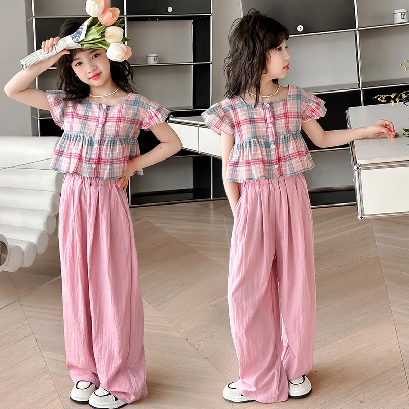 

teenage girls summer clothes sets Pink doll collar plaid shirt+wide leg pants 2pcs 4 8 10 12 design kids suit children outfits