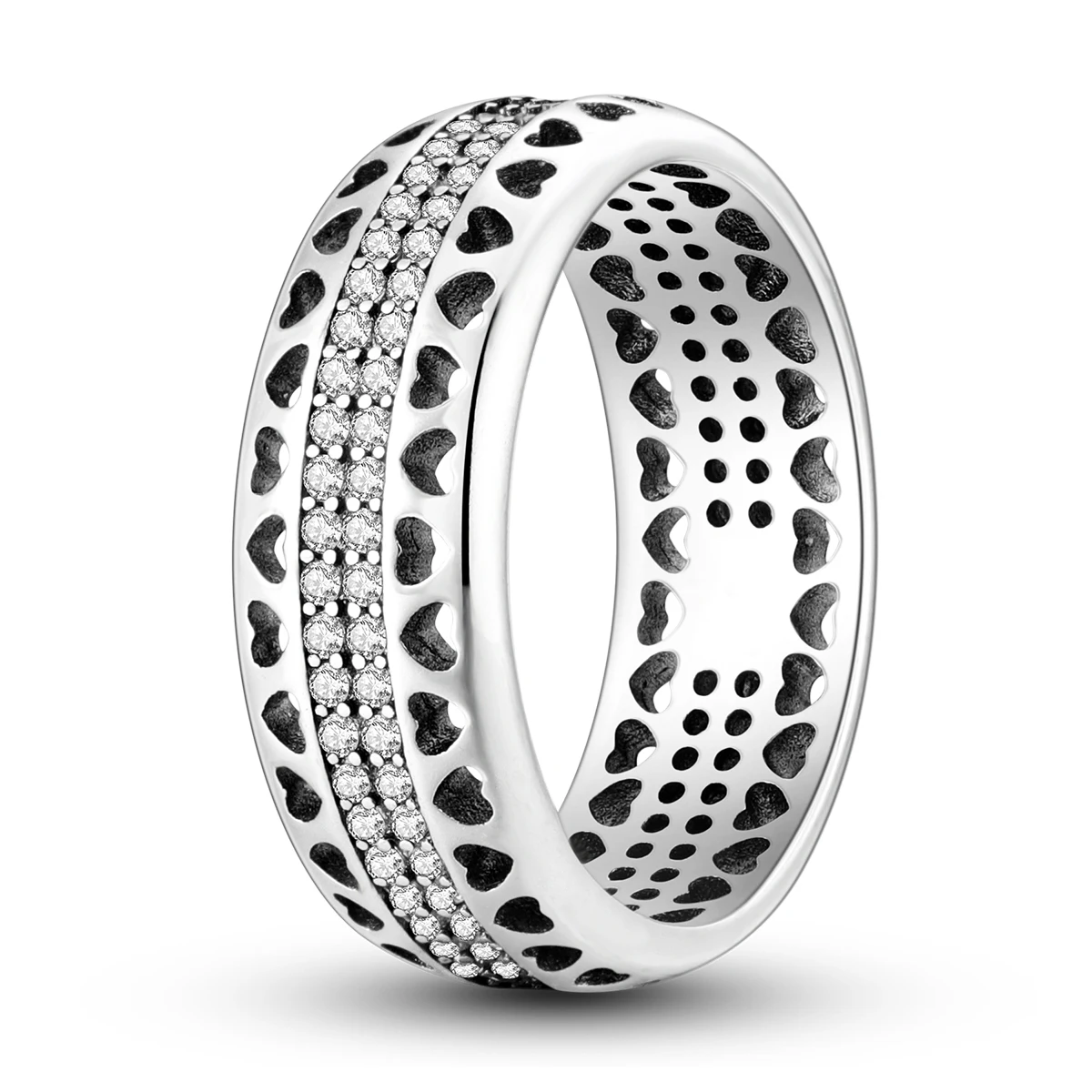 Original 925 Sterling Silver Sparkling Heart Hollow Wide Band Ring For Women Wedding Party Statement Fine Jewelry Gift