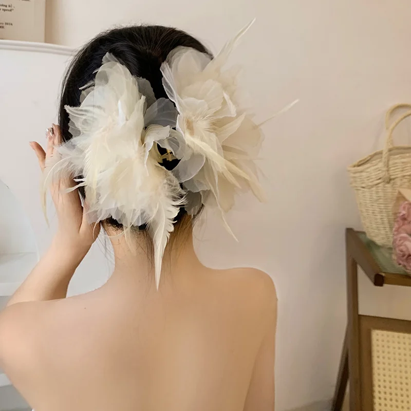 Pince à cheveux plume et perle pour filles, fleur, fermoir, dos féminin, cerveau, cuillère, accessoire, requin