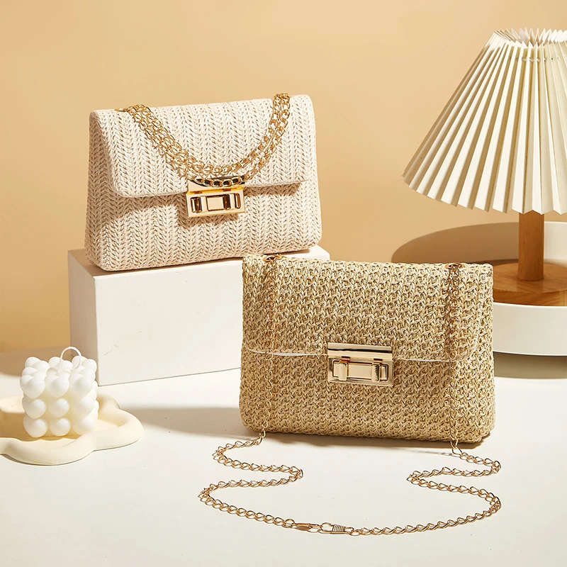 Women Fashion Straw Chain Shoulder Bag Woven High Capacity Buckle Closure Clutch Handmade Crossbody Bag Women