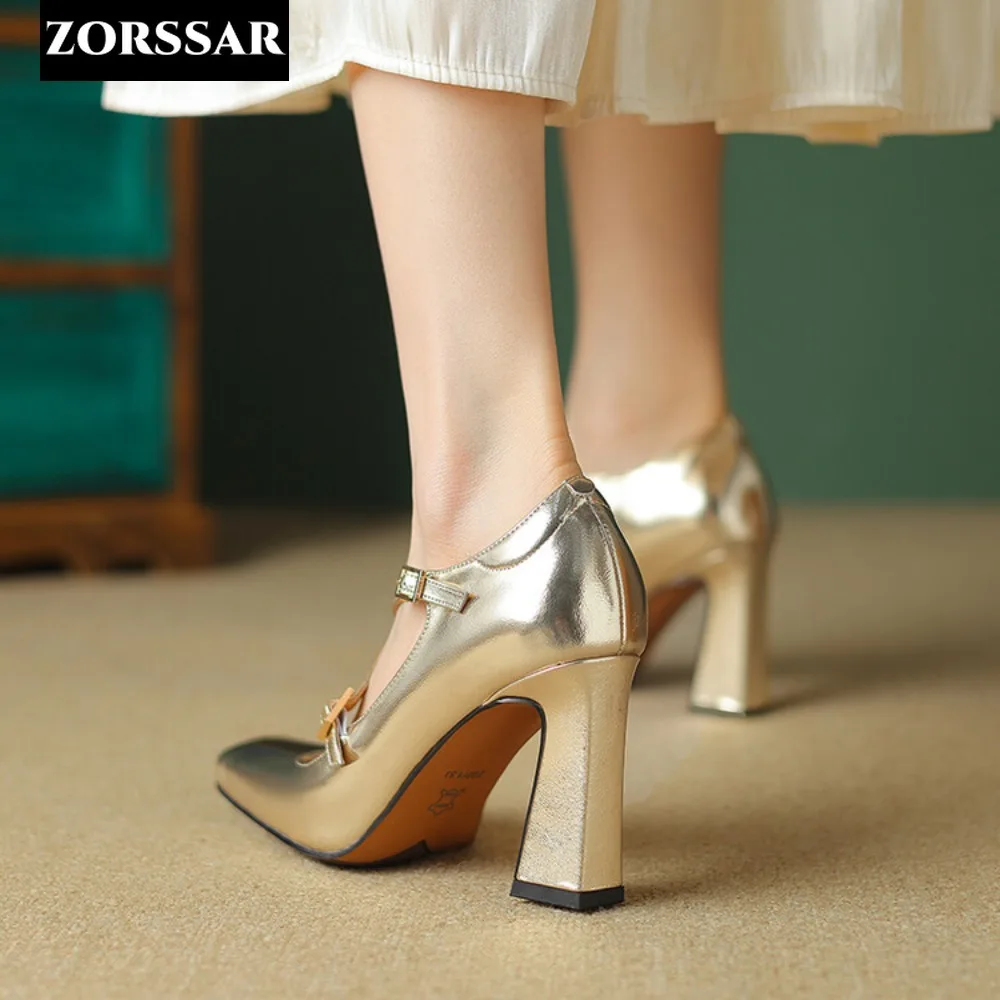 Gold Silver Mary Jane Women\'s Shoes Fashion Retro Buckle Shallow Pumps Square Toe Thick Heel Handmade Shoes Woman Size 33-41