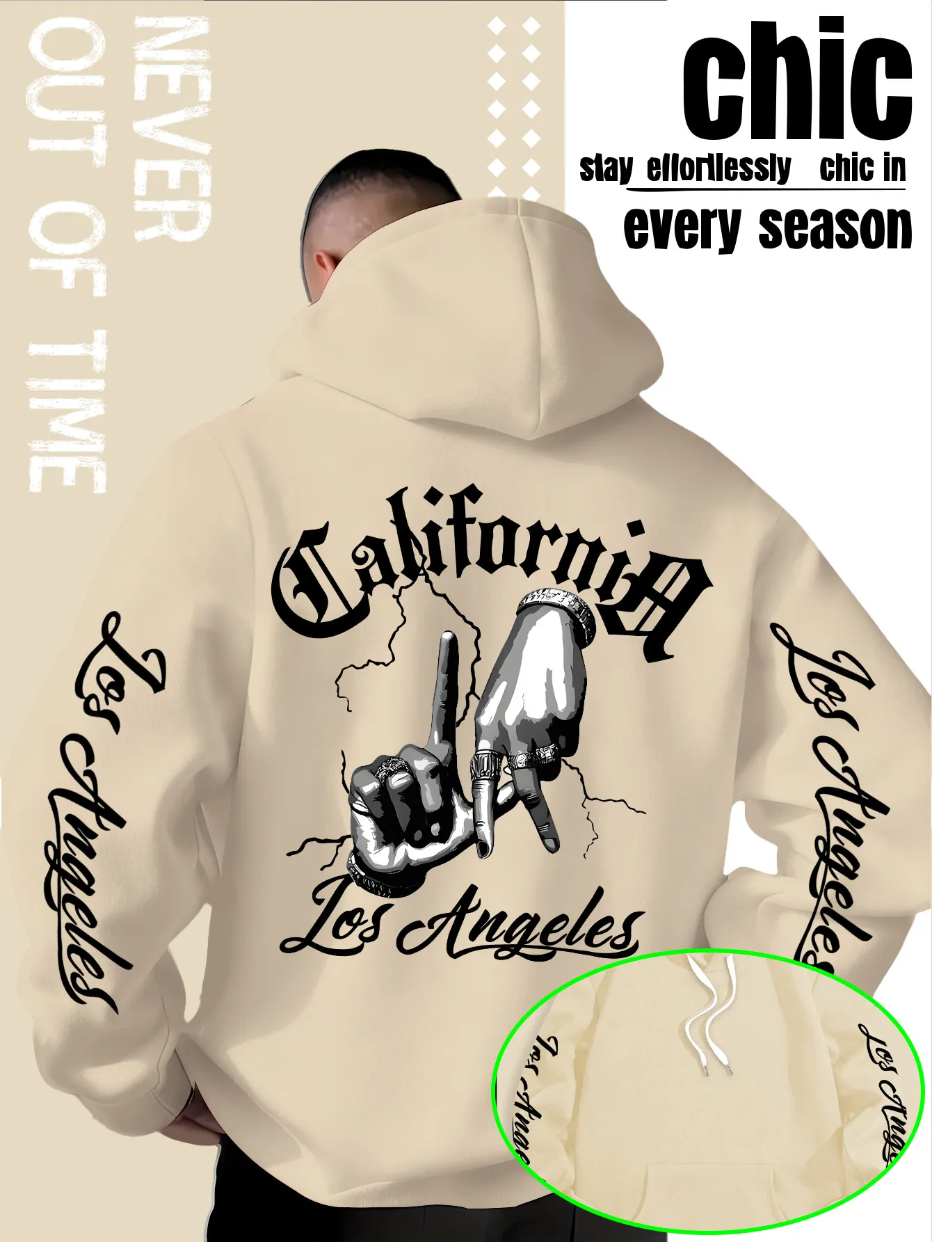 Herren-Hoodie mit Kalifornien-Los Angeles-Grafikdruck, Oversized Streetwear Hip-Hop Pullover, Lässiger Loose-Fit Kapuzenpullover – Detail 4