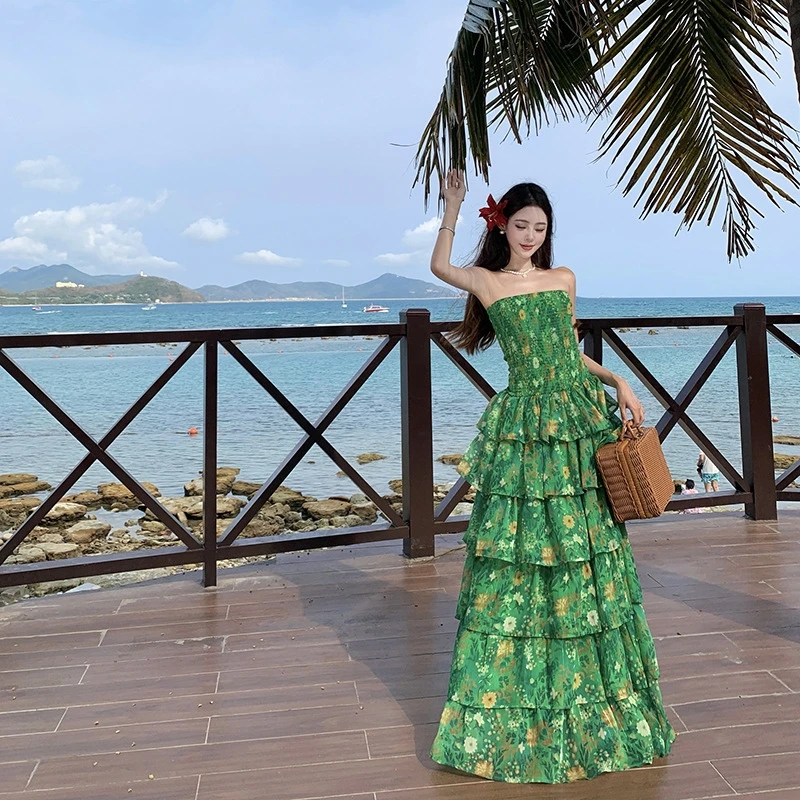 2025 verão feminino praia maxi vestido sexy bustier cintura gravata babado hem em camadas impressão vestido de férias y2k streetwear