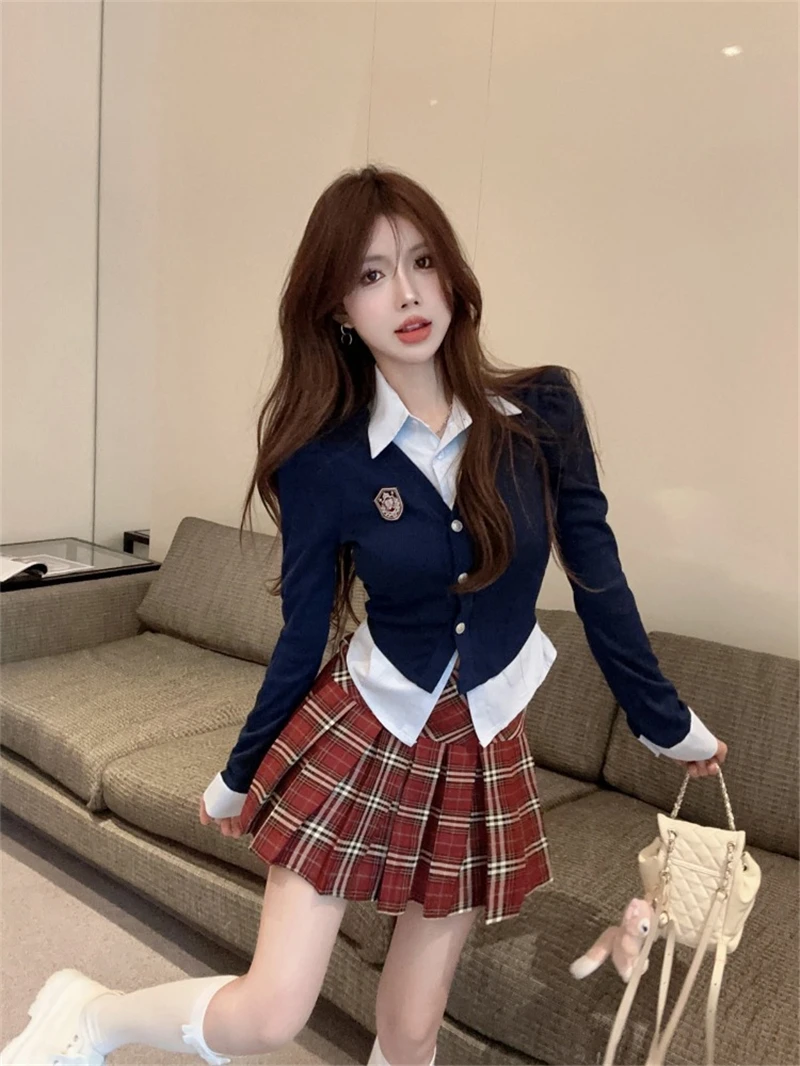 Spicy Girls Spring Autumn 2024 Navy Blue Mock Two Piece Top Pleated Short Skirt Fashion Academy Style Two Piece Set for Women