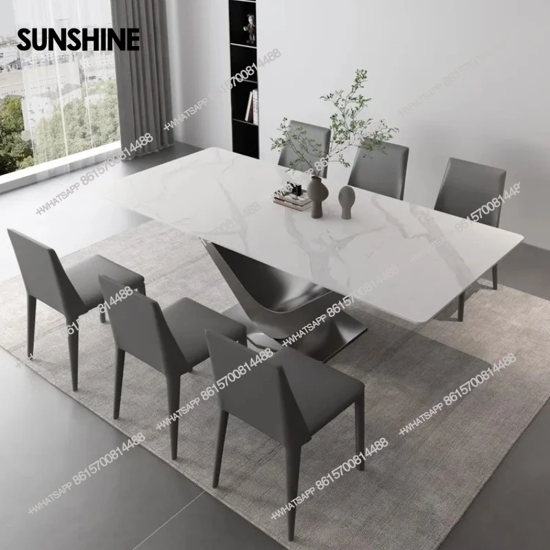 Italian rock slab dining table light luxury simple household  stainless steel rectangular dining table and chair combination