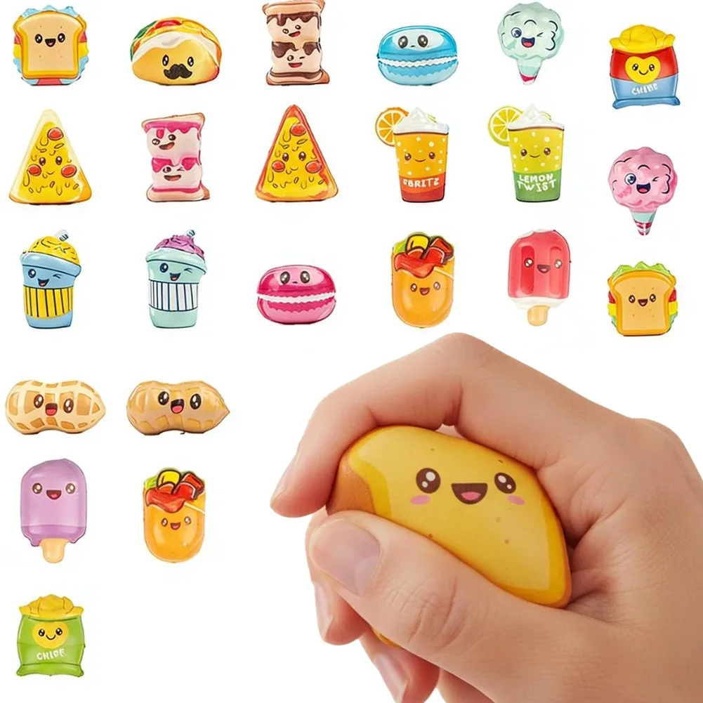 24pcs Protable Stress Relief Toy Creative Various Foods & French Fries Shape High Rebound Toys Mini Squeeze Toy Birthday Gift