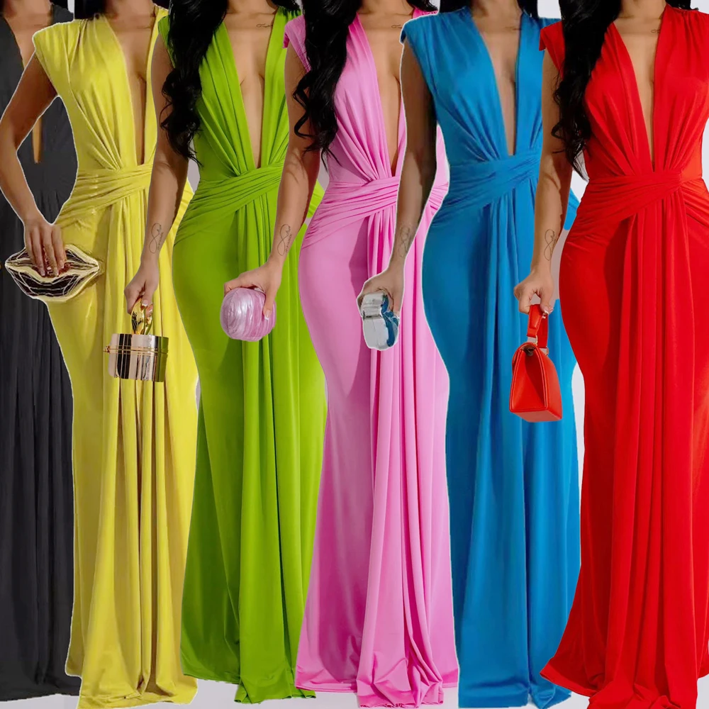 

Sleeveless Long Dress Solid Color Dresses Deep V-Neck Vestidos Sexy Hip Wrap Dress Strap Sashes Floor Length Skirt for Party