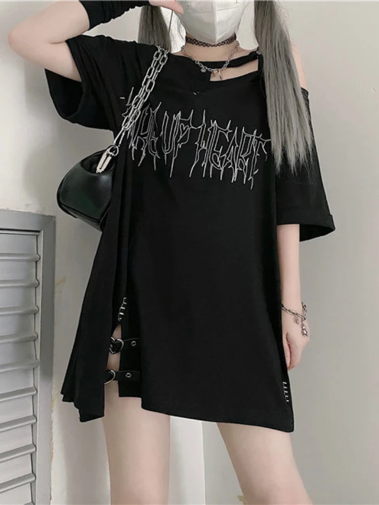 Y2k Girl Letter Print Off Shoulder Punk T-shirts Women Casual Street Black Gothic T Shirt Harajuku Streetwear Aesthetic oversize