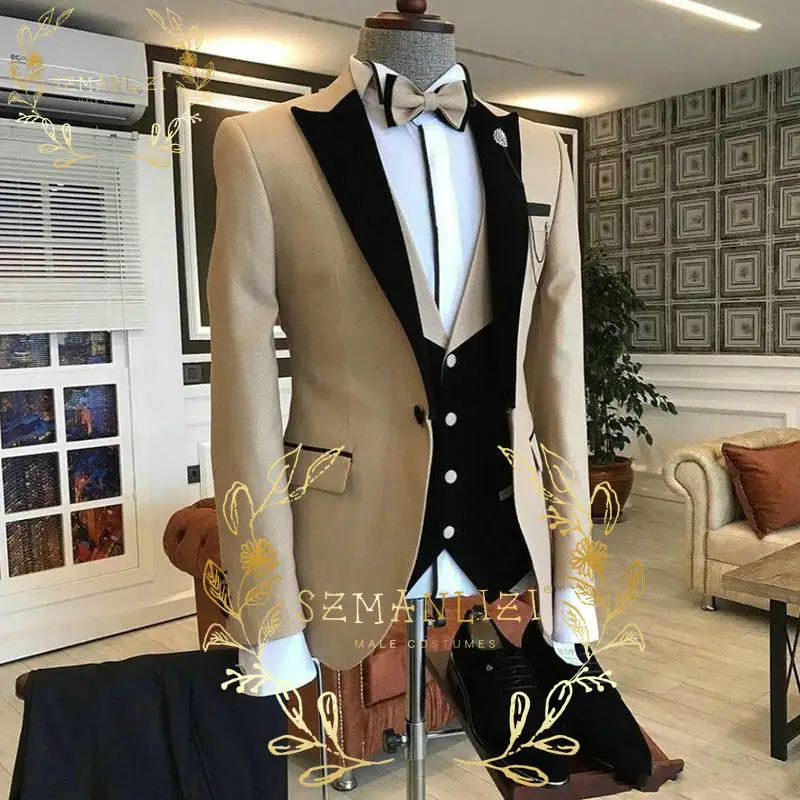 

2022 Custom Made 3-Piece Beige Smoking Blazer Casual Business Gentlemen Groom Suits Prom Suits For Men Wedding Best Man Tuxedo